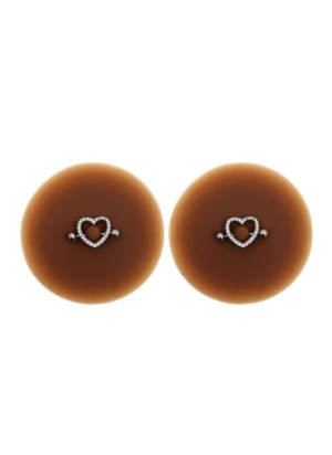 Paire de cache-tétons piercing barre coeur faux diamant peau foncée - XP004F